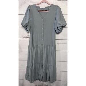 Brass‎ & Roe Women's Gray Puff Sleeve Tiered Midi Dress XS Rayon Linen Blend